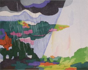 STANTON MACDONALD-WRIGHT Haiga #9-Sunbeams slant on the riverbank and the cold rain falls from a floating cloud
