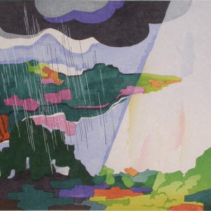 STANTON MACDONALD-WRIGHT Haiga #9-Sunbeams slant on the riverbank and the cold rain falls from a floating cloud